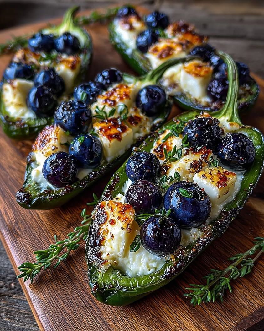 Roasted shishito peppers stuffed with feta and blueberries on a wooden board.