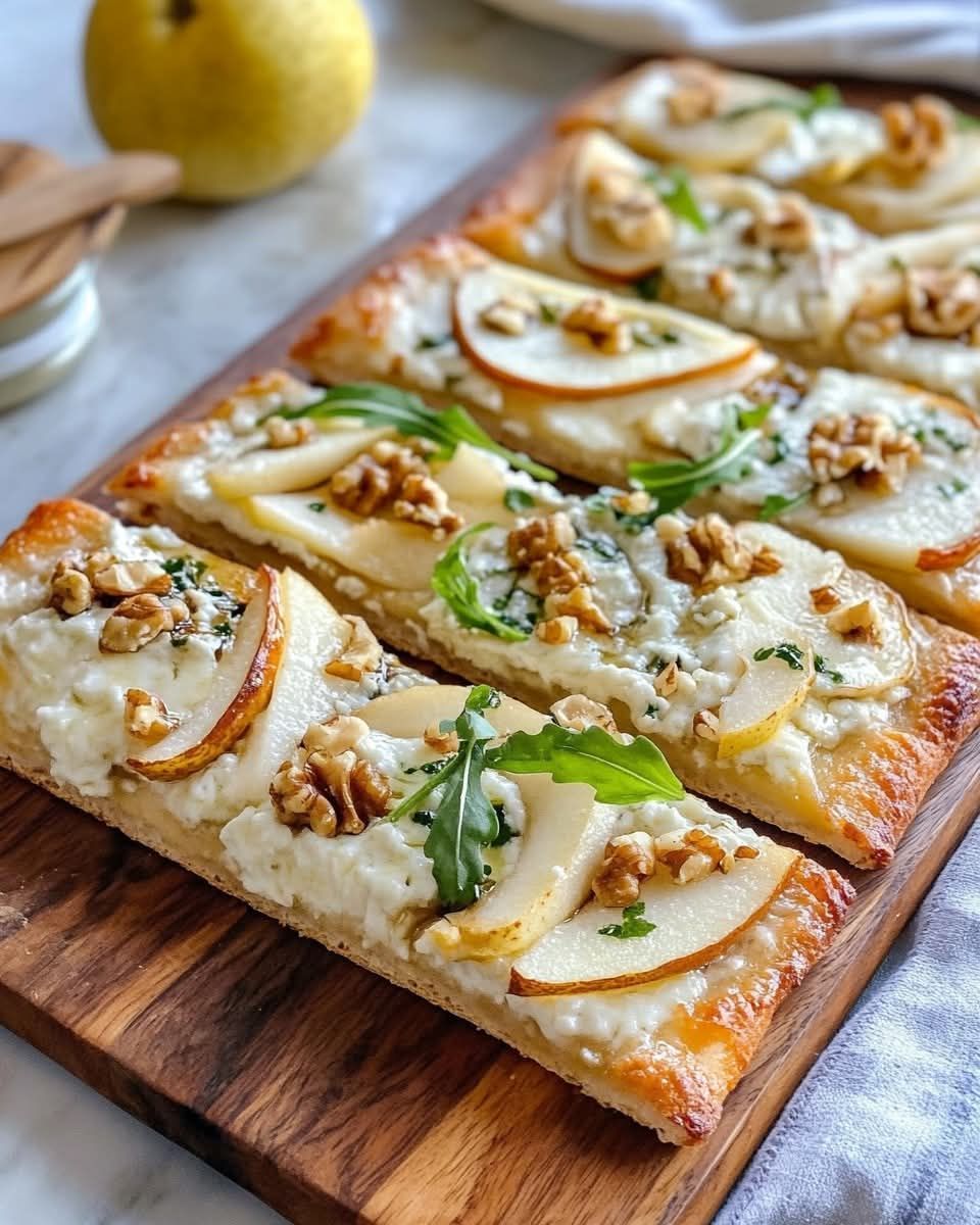 Sliced flatbread with pear, gorgonzola, walnuts, and arugula on a wooden board.
