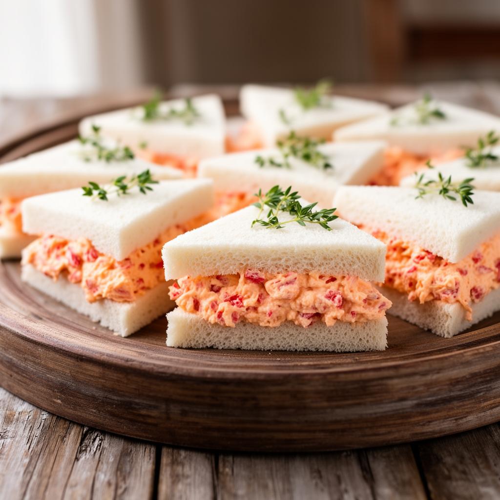 Pimento cheese tea sandwiches arranged on a wooden serving tray.